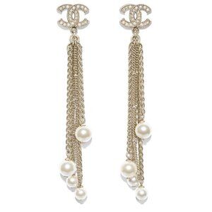 CHANEL Bijoux Fantaisie Chandelier Pearl Chain CC Dangle Earrings Gold BOX &CARD